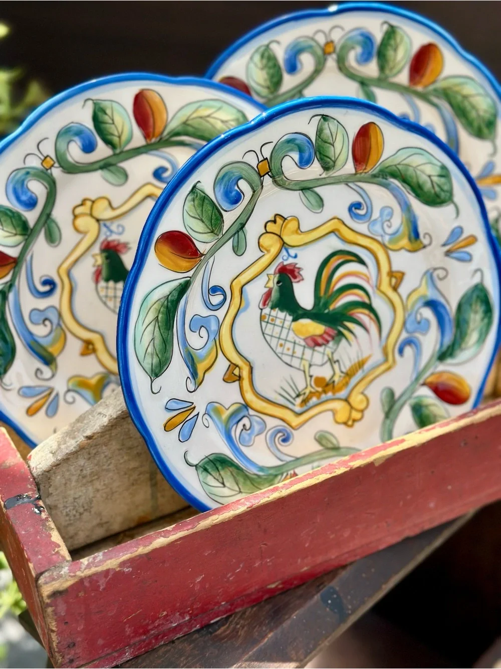 Fitz and Floyd Ricamo Rooster Salad Plates Set of 3 Blue Rim 9 inch